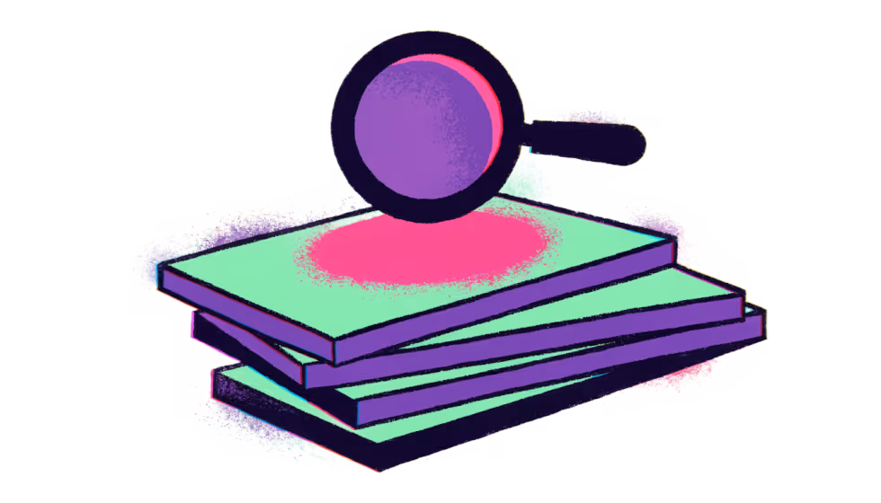 Ilustração de uma lupa sobre uma lista de artigos, com um deles em destaque